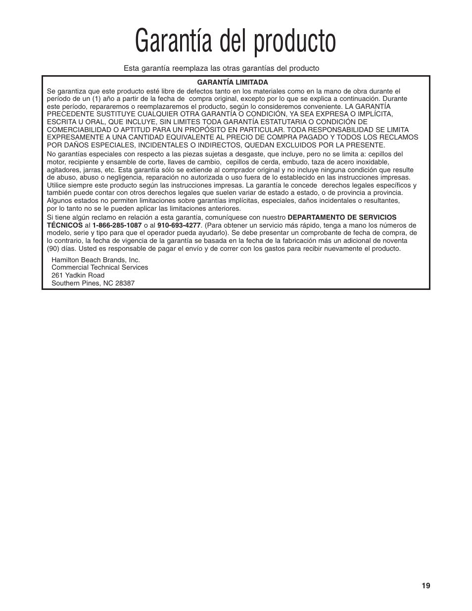 Garantía del producto | Hamilton Beach HTS450 User Manual | Page 19 / 20