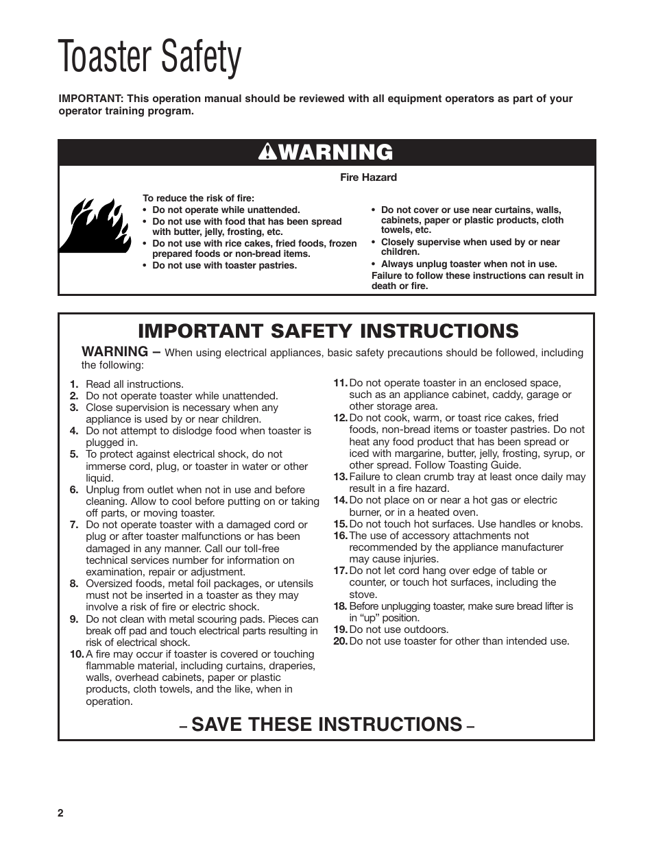 Toaster safety, Wwarning, Save these instructions | Important safety instructions | Hamilton Beach HTS450 User Manual | Page 2 / 20