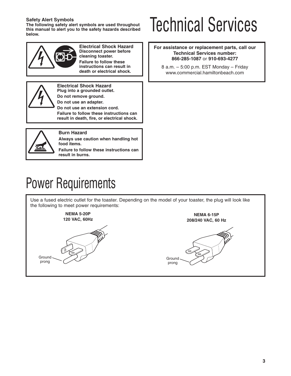 Technical services, Power requirements | Hamilton Beach HTS450 User Manual | Page 3 / 20