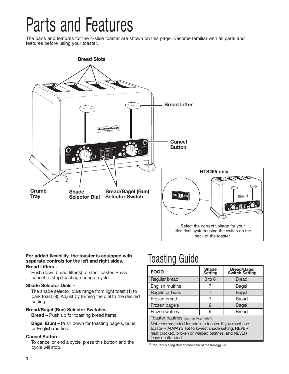 Parts and features, Toasting guide, Cancel button crumb tray | Hts455 only | Hamilton Beach HTS450 User Manual | Page 4 / 20