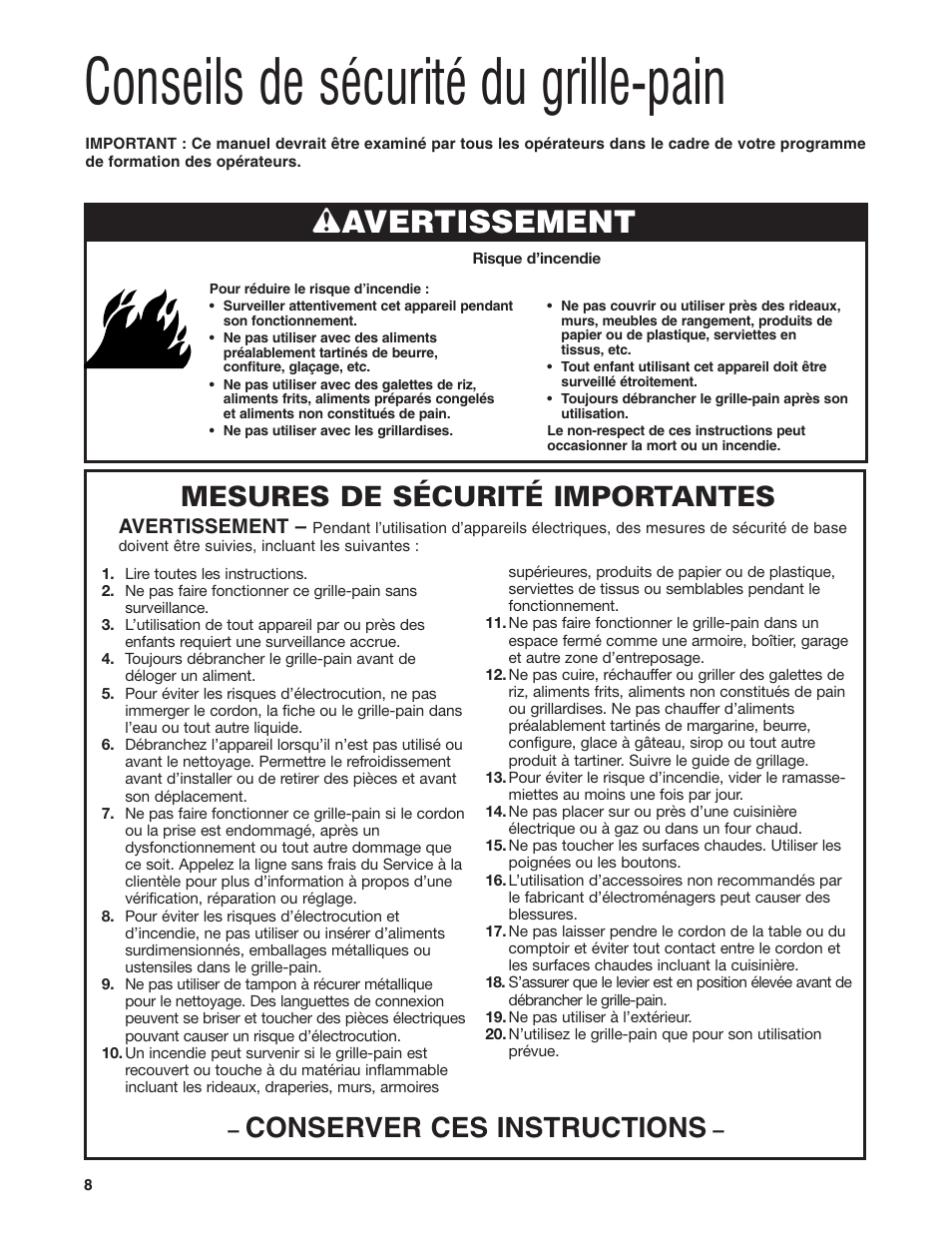 Conseils de sécurité du grille-pain, Wavertissement, Conserver ces instructions | Mesures de sécurité importantes | Hamilton Beach HTS450 User Manual | Page 8 / 20