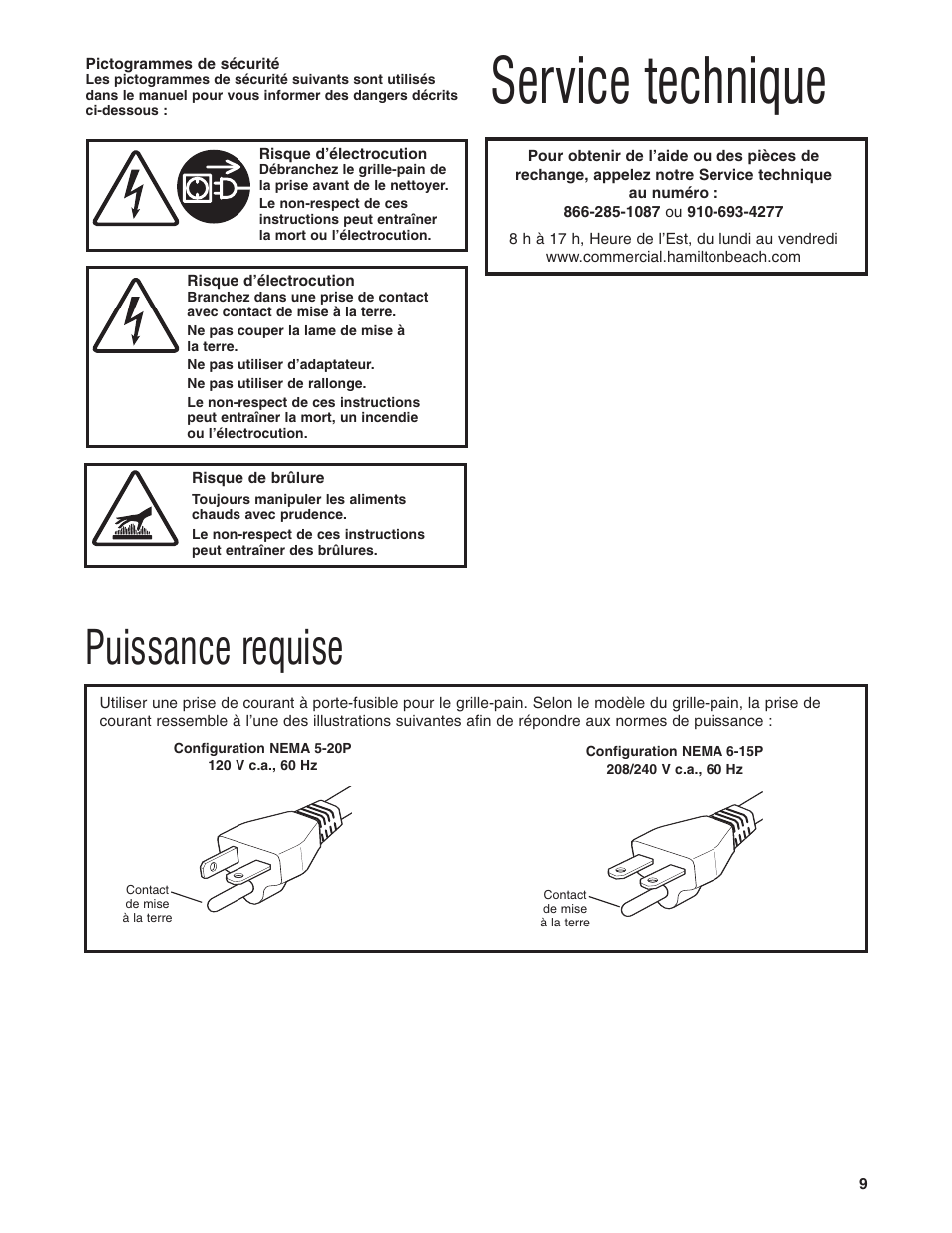 Service technique, Puissance requise | Hamilton Beach HTS450 User Manual | Page 9 / 20