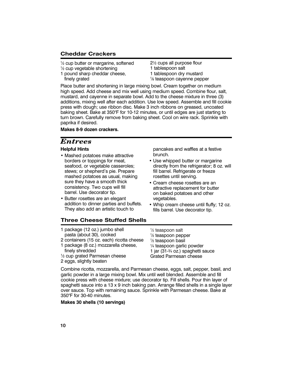 Entrees, Cheddar crackers, Three cheese stuffed shells | Hamilton Beach Cookie Press and Cake & Food Decorator User Manual | Page 10 / 18