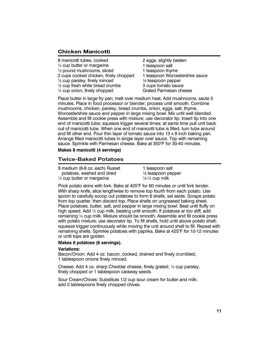Twice-baked potatoes, Chicken manicotti | Hamilton Beach Cookie Press and Cake & Food Decorator User Manual | Page 11 / 18