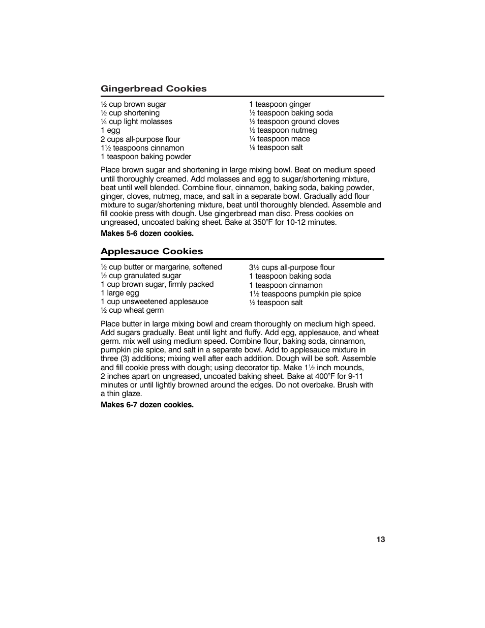 Gingerbread cookies, Applesauce cookies | Hamilton Beach Cookie Press and Cake & Food Decorator User Manual | Page 13 / 18