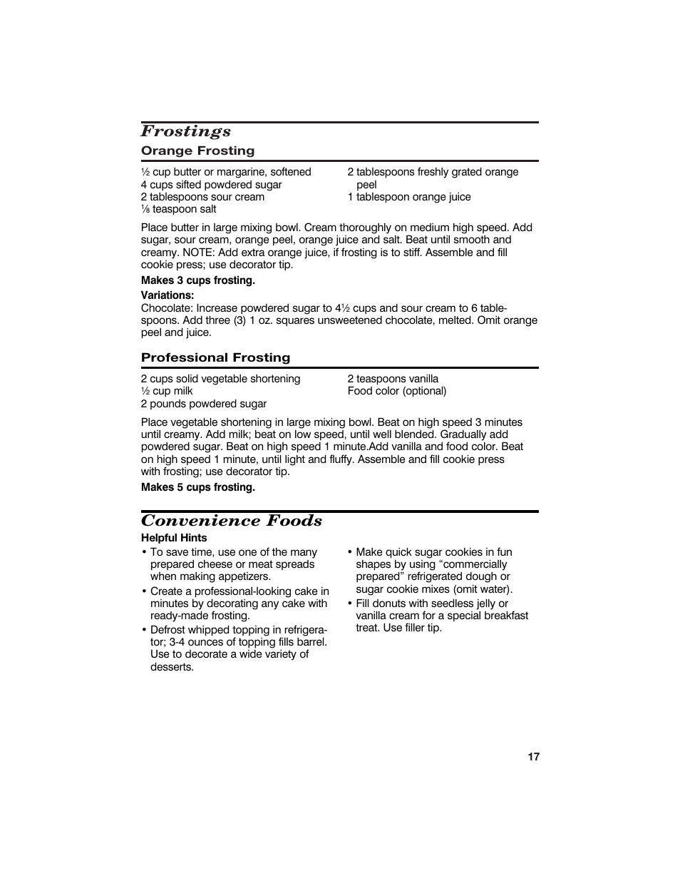 Frostings, Convenience foods | Hamilton Beach Cookie Press and Cake & Food Decorator User Manual | Page 17 / 18