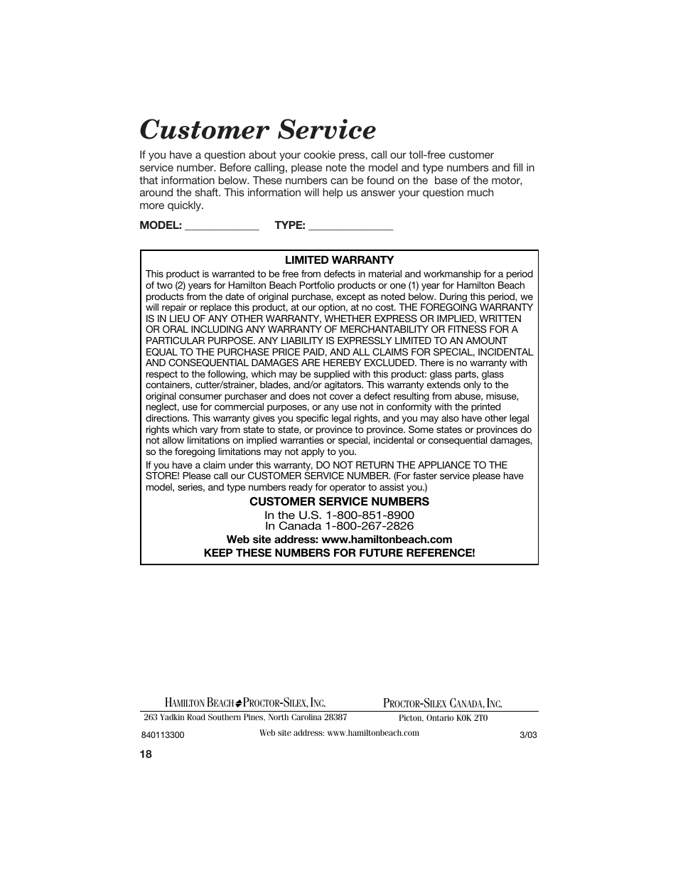 Customer service | Hamilton Beach Cookie Press and Cake & Food Decorator User Manual | Page 18 / 18