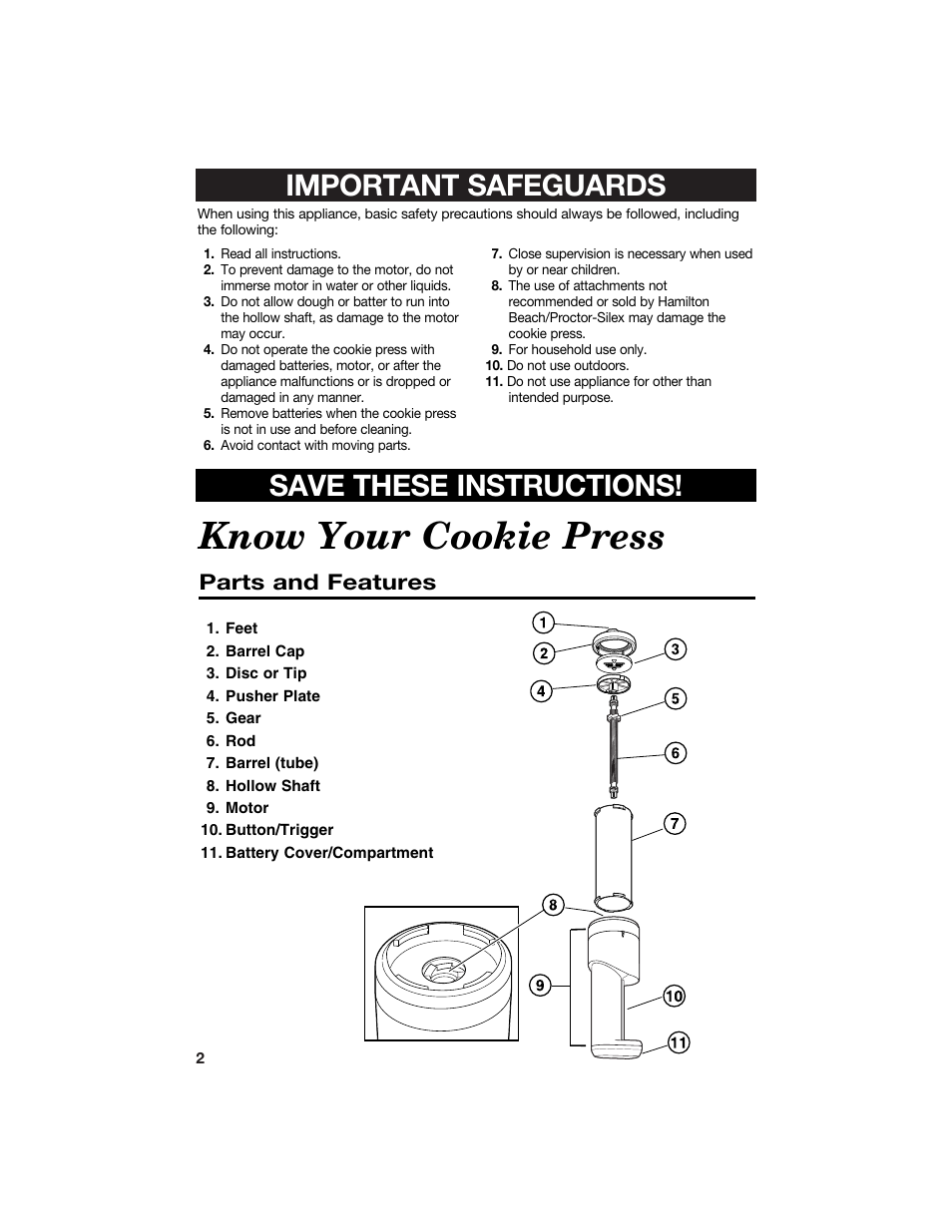 Know your cookie press, Important safeguards save these instructions, Parts and features | Hamilton Beach Cookie Press and Cake & Food Decorator User Manual | Page 2 / 18