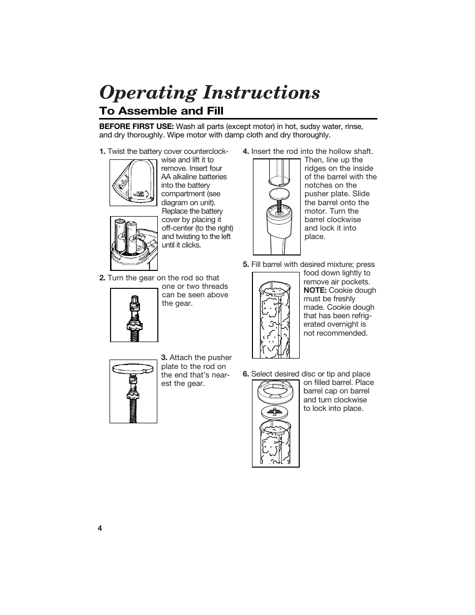 Operating instructions | Hamilton Beach Cookie Press and Cake & Food Decorator User Manual | Page 4 / 18