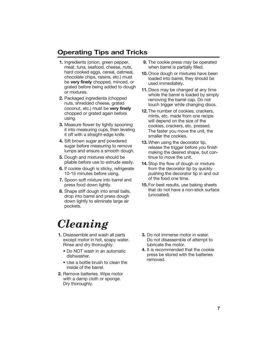 Cleaning, Operating tips and tricks | Hamilton Beach Cookie Press and Cake & Food Decorator User Manual | Page 7 / 18