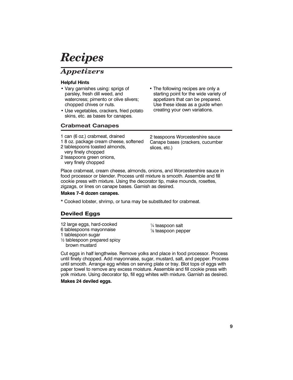 Recipes, Appetizers | Hamilton Beach Cookie Press and Cake & Food Decorator User Manual | Page 9 / 18