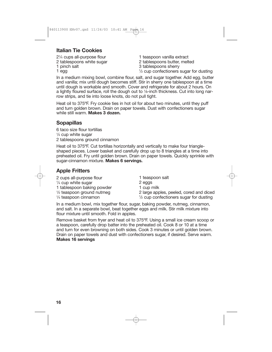 Italian tie cookies, Sopapillas, Apple fritters | Hamilton Beach 35015 User Manual | Page 16 / 44