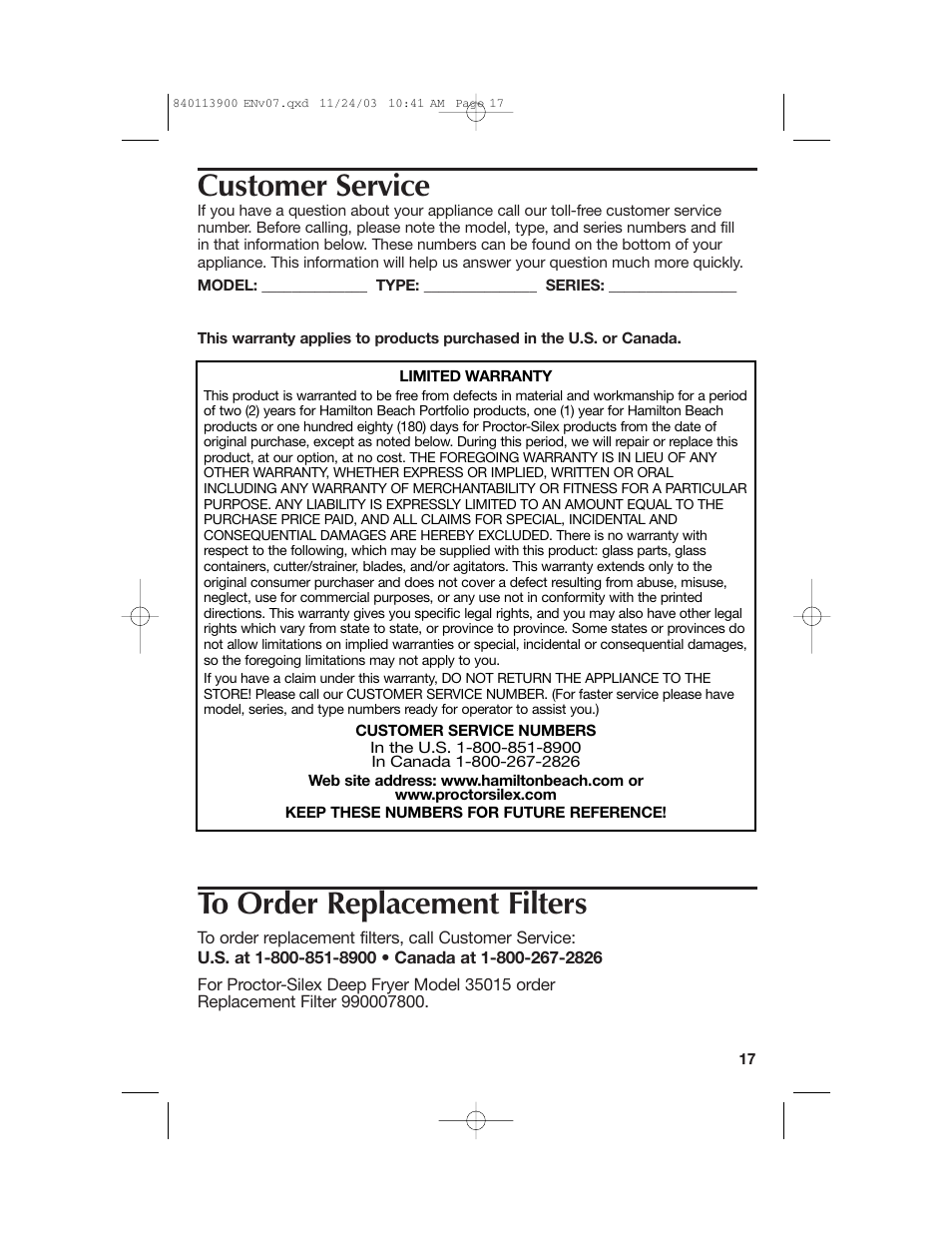 Customer service | Hamilton Beach 35015 User Manual | Page 17 / 44