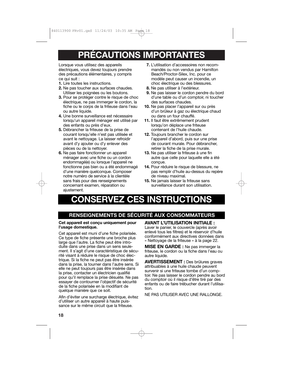 Précautions importantes, Conservez ces instructions | Hamilton Beach 35015 User Manual | Page 18 / 44