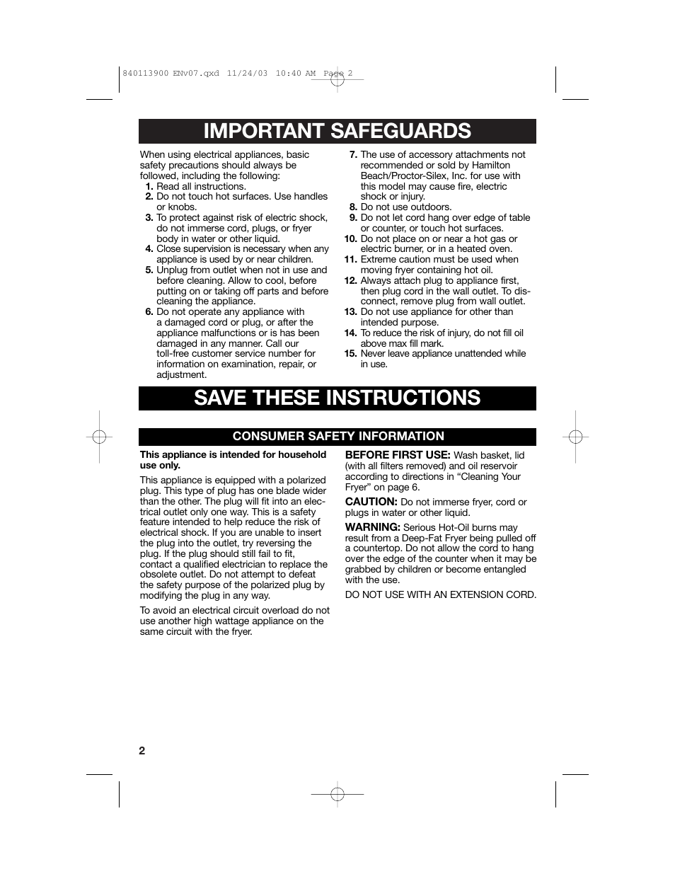 Important safeguards, Save these instructions | Hamilton Beach 35015 User Manual | Page 2 / 44