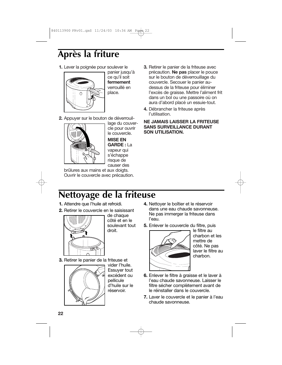 Après la friture nettoyage de la friteuse | Hamilton Beach 35015 User Manual | Page 22 / 44