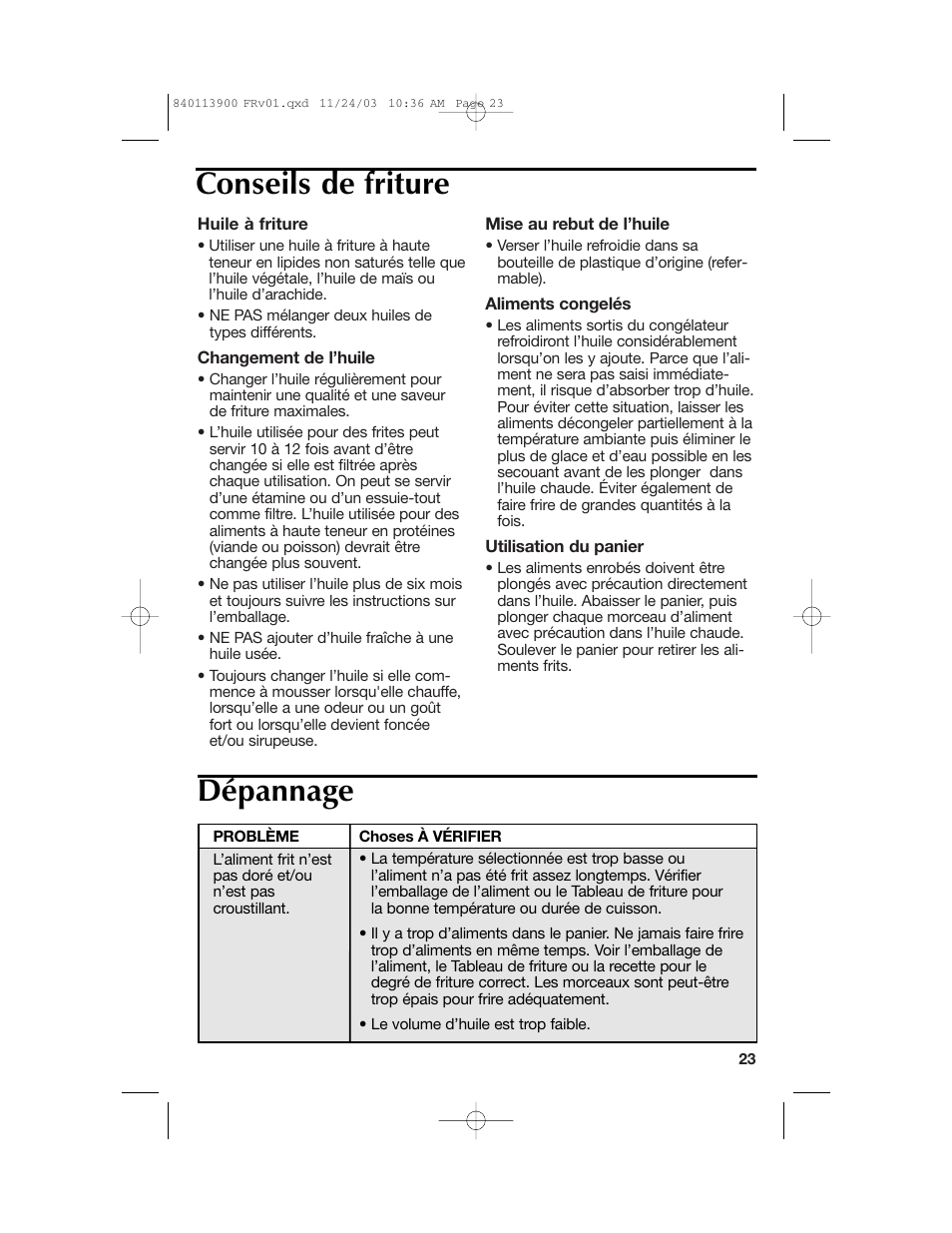 Conseils de friture dépannage | Hamilton Beach 35015 User Manual | Page 23 / 44