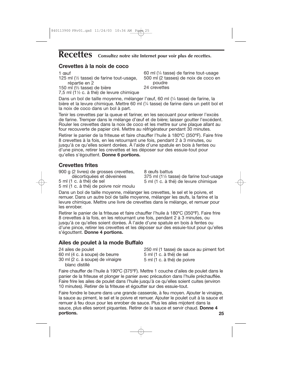 Recettes, Crevettes à la noix de coco, Crevettes frites | Ailes de poulet à la mode buffalo | Hamilton Beach 35015 User Manual | Page 25 / 44