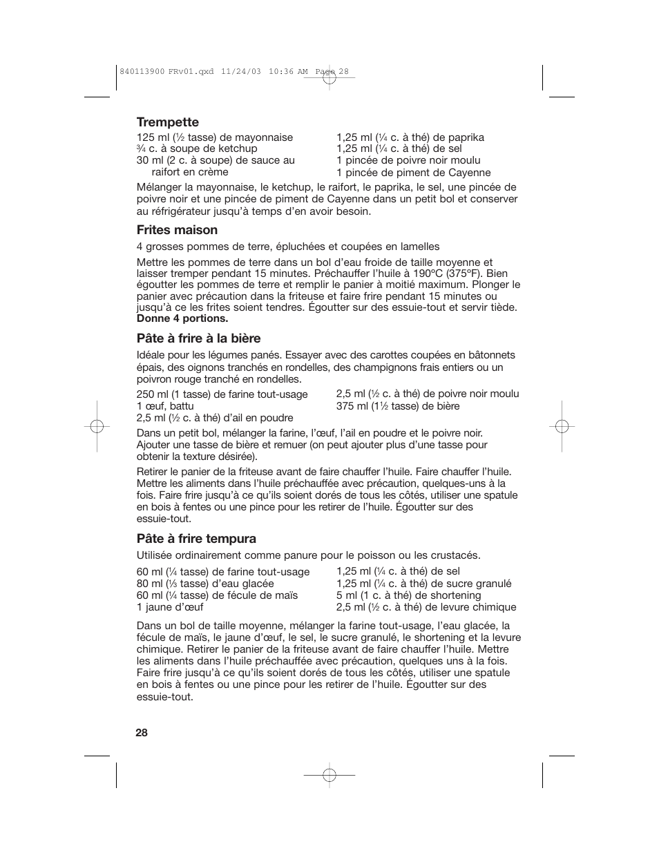 Trempette, Frites maison, Pâte à frire à la bière | Pâte à frire tempura | Hamilton Beach 35015 User Manual | Page 28 / 44