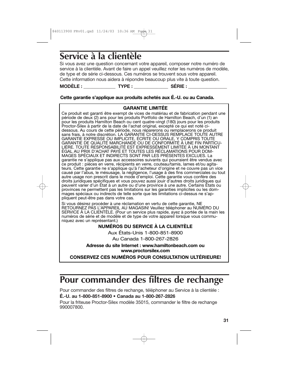 Service à la clientèle, Pour commander des filtres de rechange | Hamilton Beach 35015 User Manual | Page 31 / 44