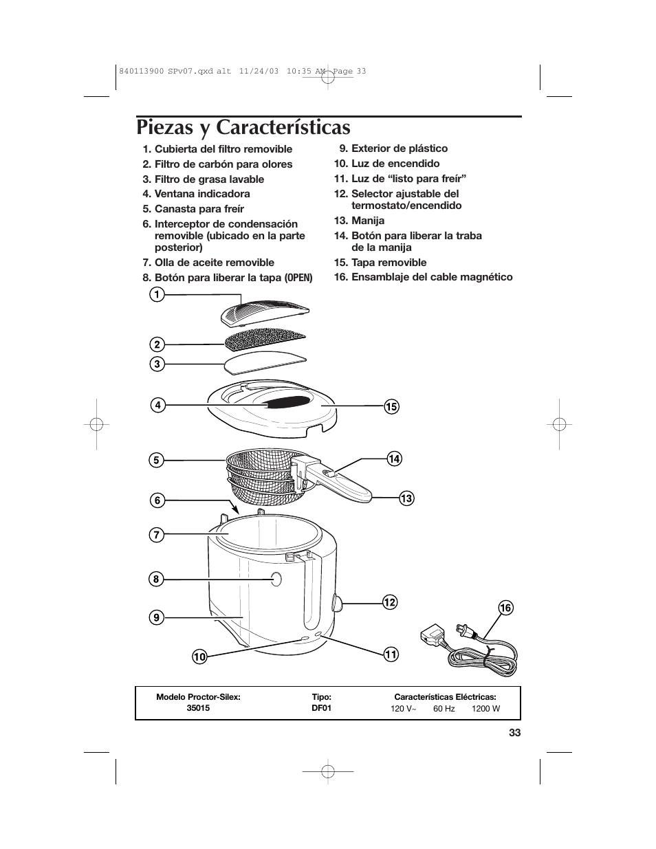 Piezas y características | Hamilton Beach 35015 User Manual | Page 33 / 44