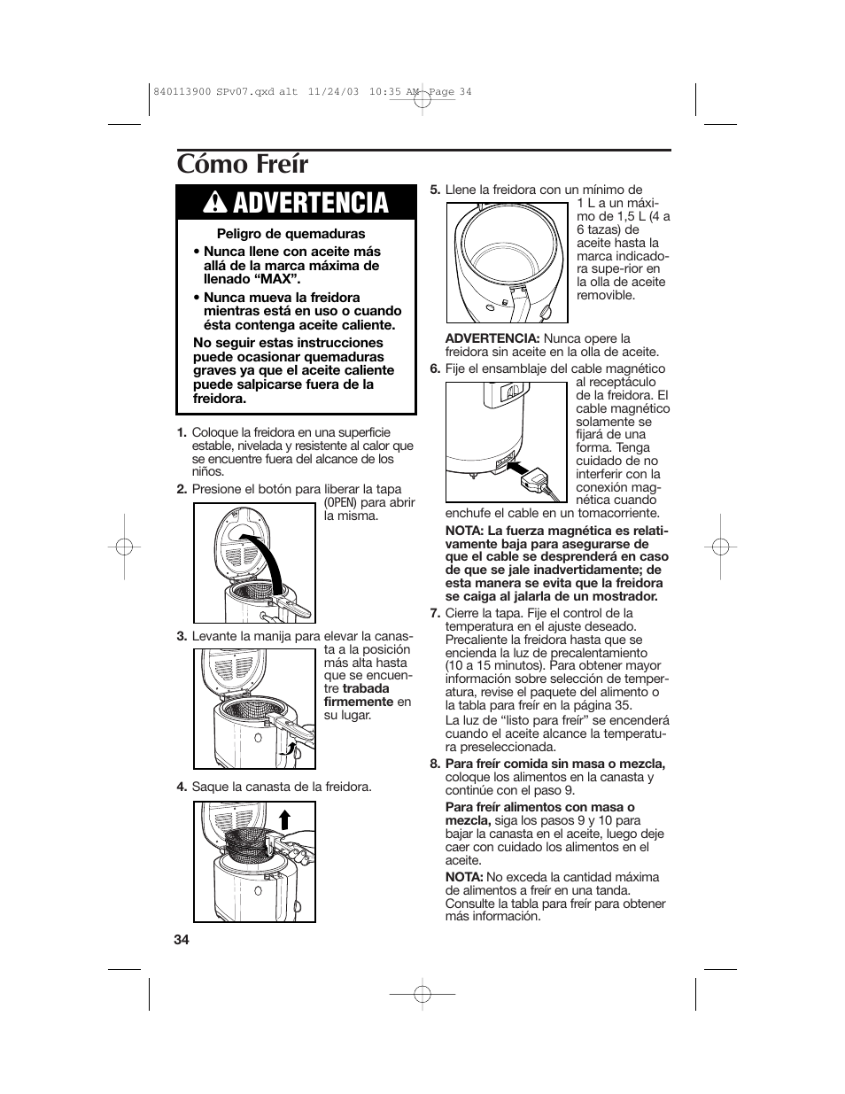 Cómo freír, Wadvertencia | Hamilton Beach 35015 User Manual | Page 34 / 44