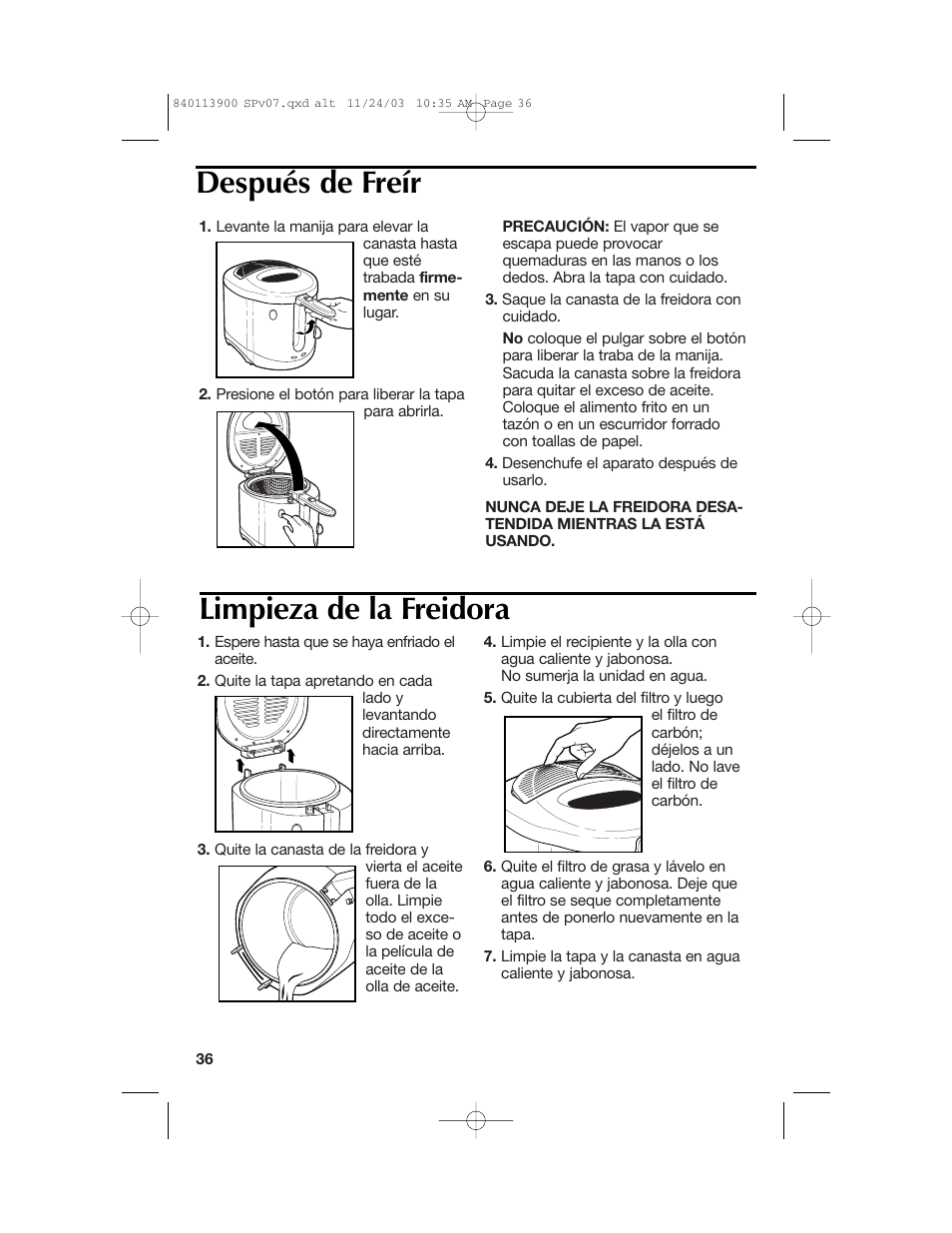 Después de freír limpieza de la freidora | Hamilton Beach 35015 User Manual | Page 36 / 44
