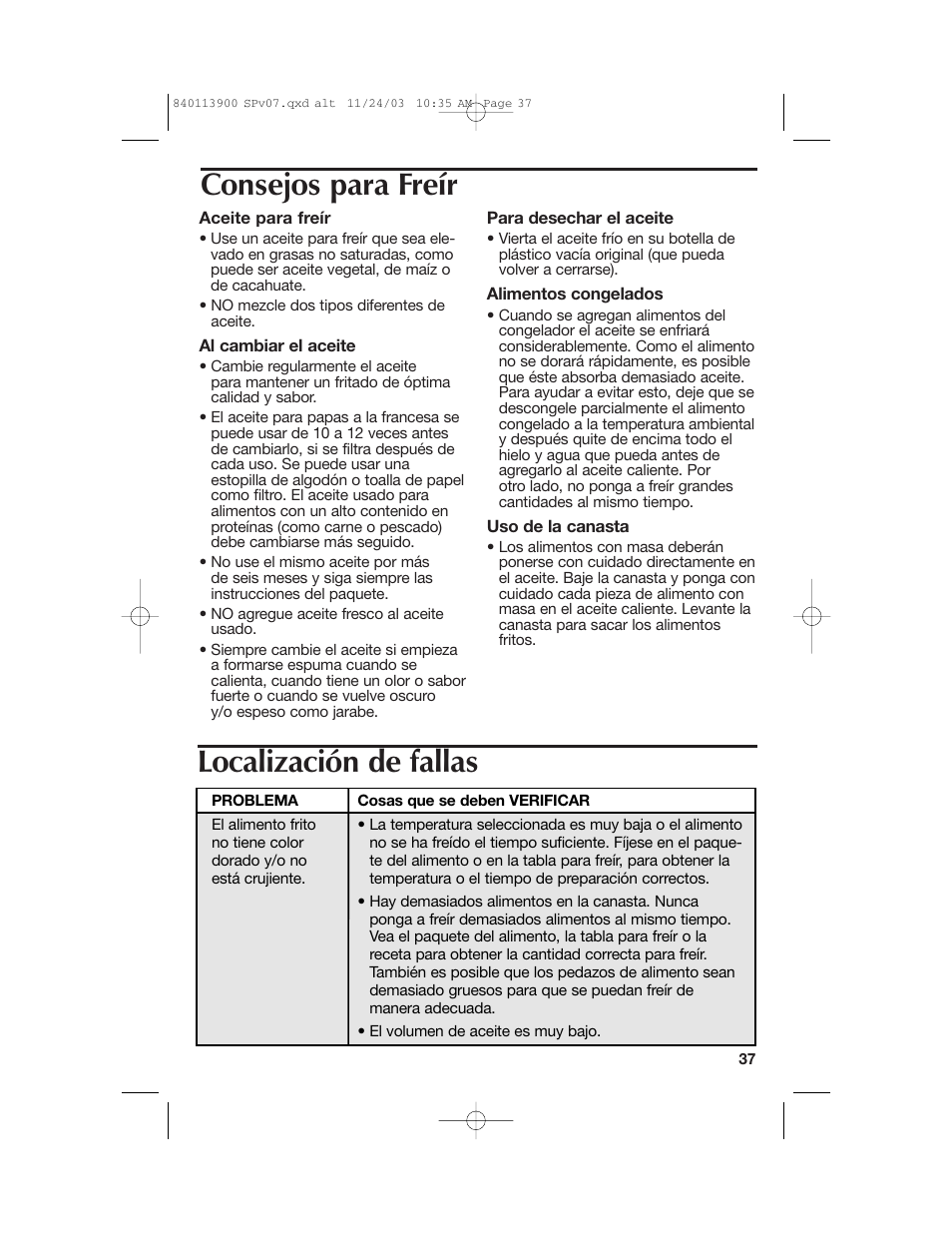 Localización de fallas consejos para freír | Hamilton Beach 35015 User Manual | Page 37 / 44