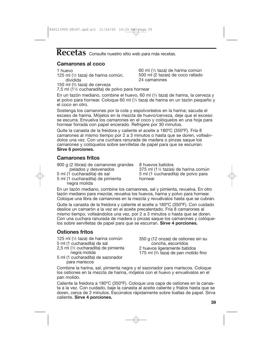 Recetas, Camarones al coco, Camarones fritos | Ostiones fritos | Hamilton Beach 35015 User Manual | Page 39 / 44