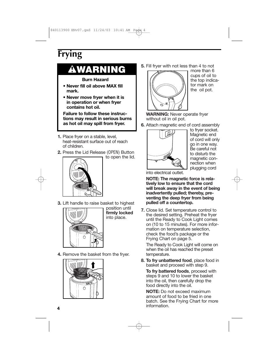 Frying w warning | Hamilton Beach 35015 User Manual | Page 4 / 44
