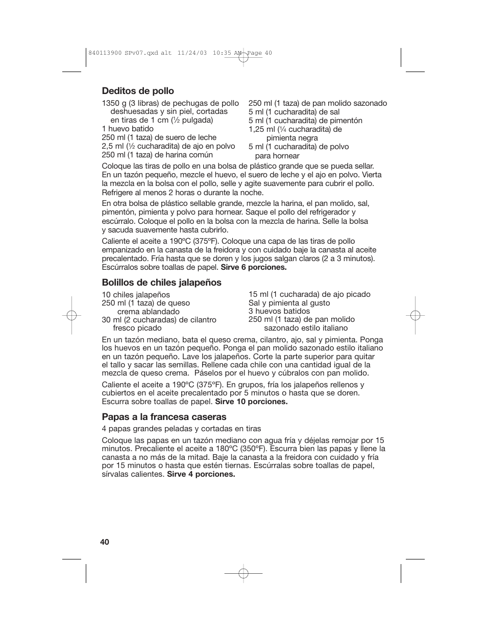 Deditos de pollo, Bolillos de chiles jalapeños, Papas a la francesa caseras | Hamilton Beach 35015 User Manual | Page 40 / 44