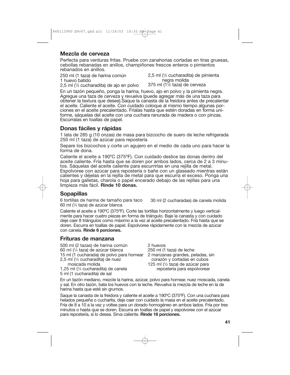 Mezcla de cerveza, Donas fáciles y rápidas, Sopapillas | Frituras de manzana | Hamilton Beach 35015 User Manual | Page 41 / 44