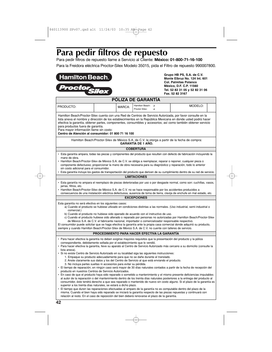 Para pedir filtros de repuesto, Póliza de garantía | Hamilton Beach 35015 User Manual | Page 42 / 44