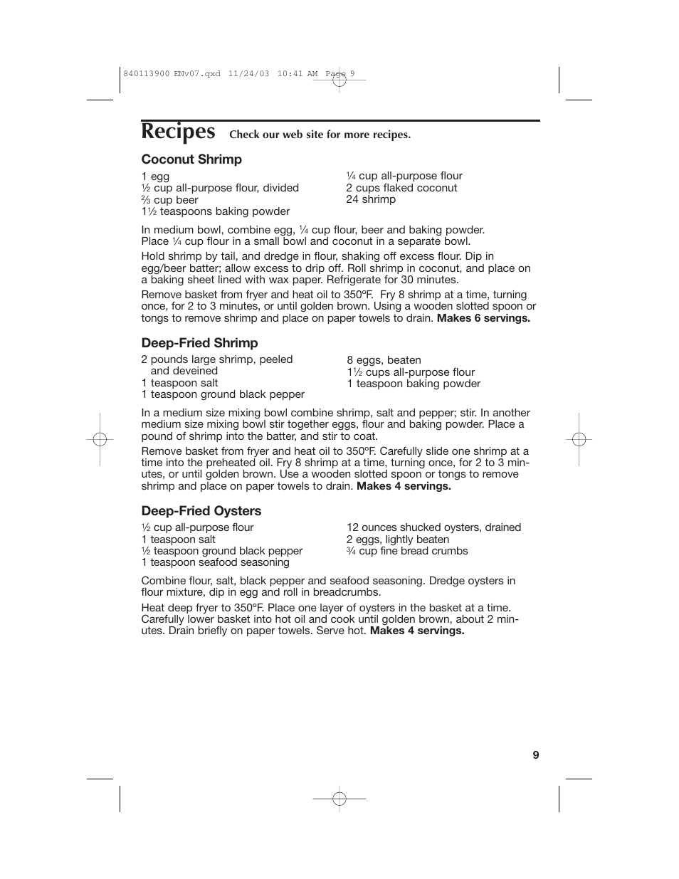 Recipes, Coconut shrimp, Deep-fried shrimp | Deep-fried oysters | Hamilton Beach 35015 User Manual | Page 9 / 44