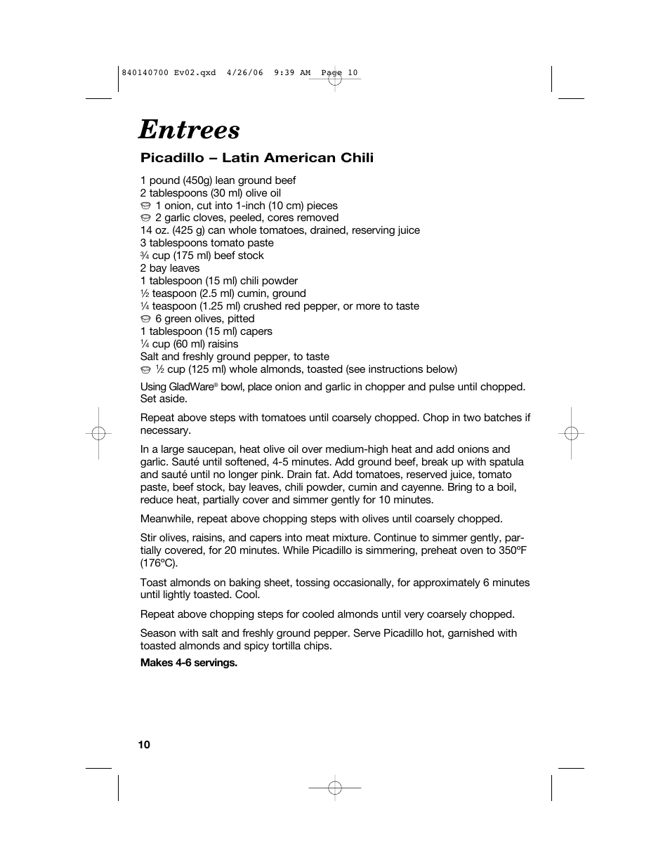 Entrees, Picadillo – latin american chili | Hamilton Beach change-a-bowl 72850 User Manual | Page 10 / 44