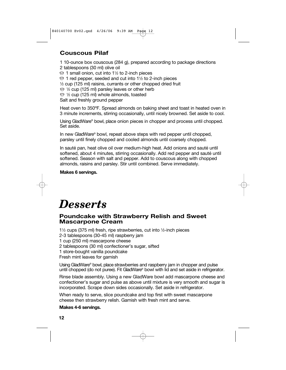 Desserts, Couscous pilaf | Hamilton Beach change-a-bowl 72850 User Manual | Page 12 / 44