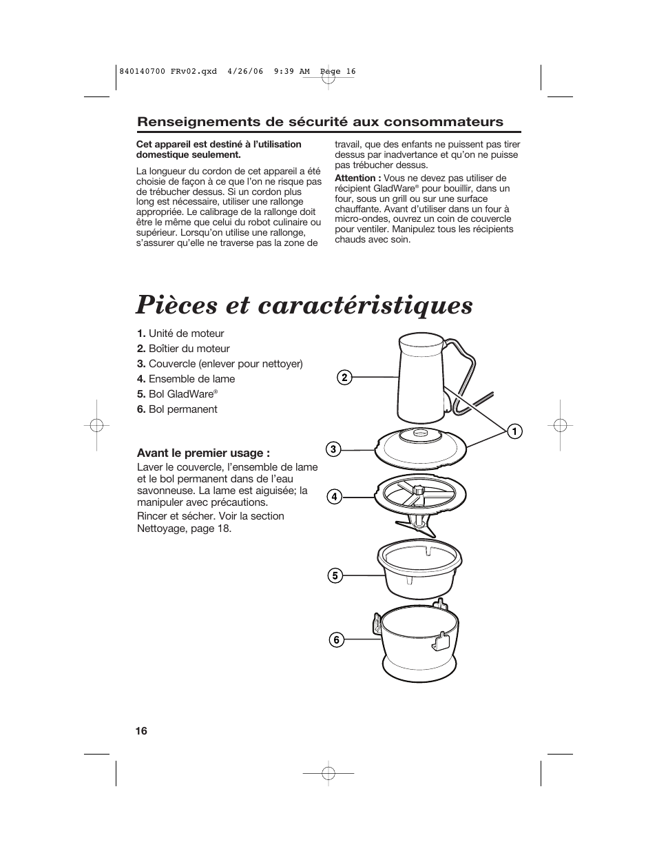 Pièces et caractéristiques | Hamilton Beach change-a-bowl 72850 User Manual | Page 16 / 44