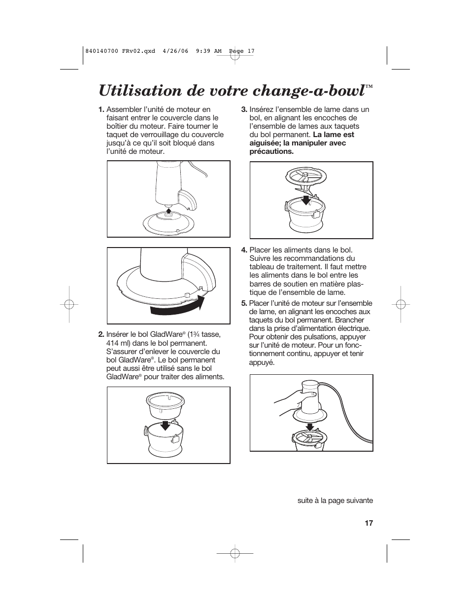 Utilisation de votre change-a-bowl | Hamilton Beach change-a-bowl 72850 User Manual | Page 17 / 44