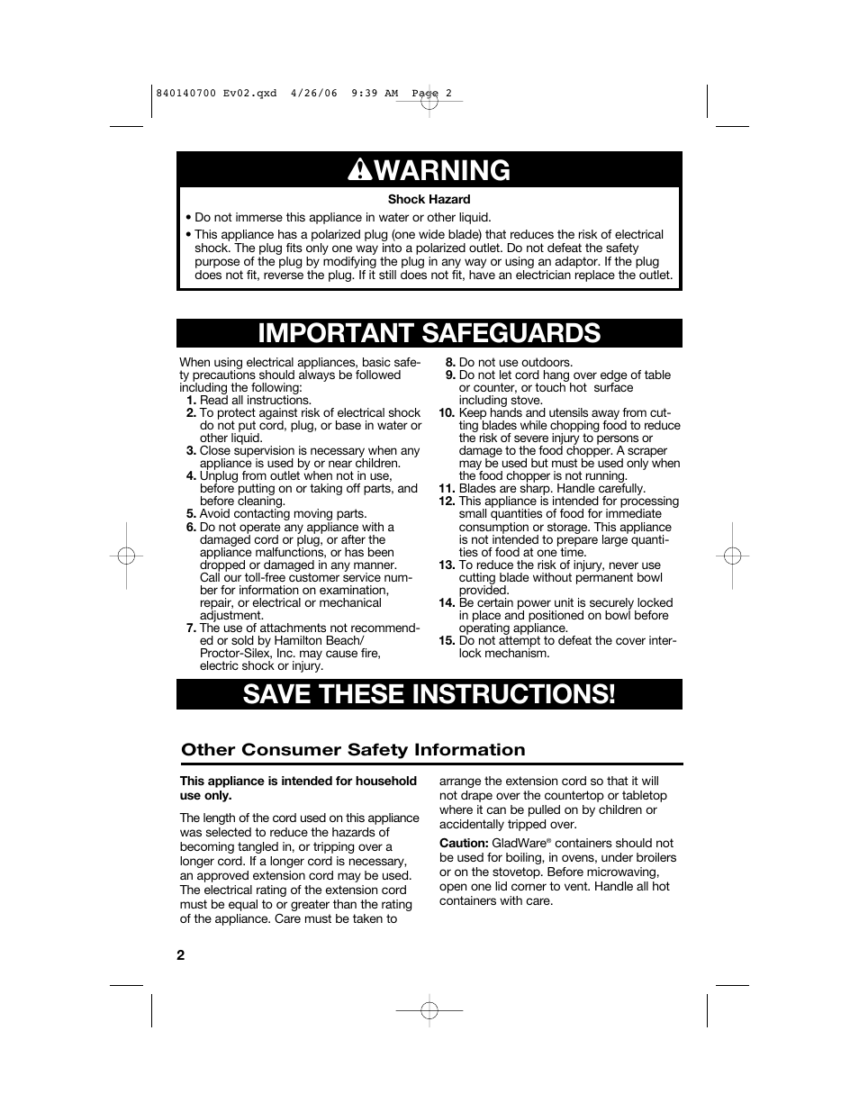 W warning, Important safeguards save these instructions | Hamilton Beach change-a-bowl 72850 User Manual | Page 2 / 44