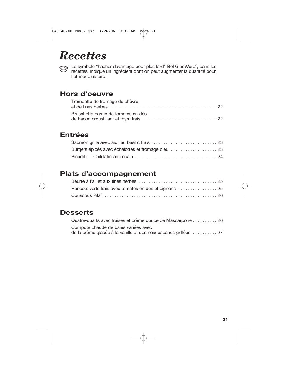 Recettes, Hors d’oeuvre, Entrées | Plats d’accompagnement, Desserts | Hamilton Beach change-a-bowl 72850 User Manual | Page 21 / 44