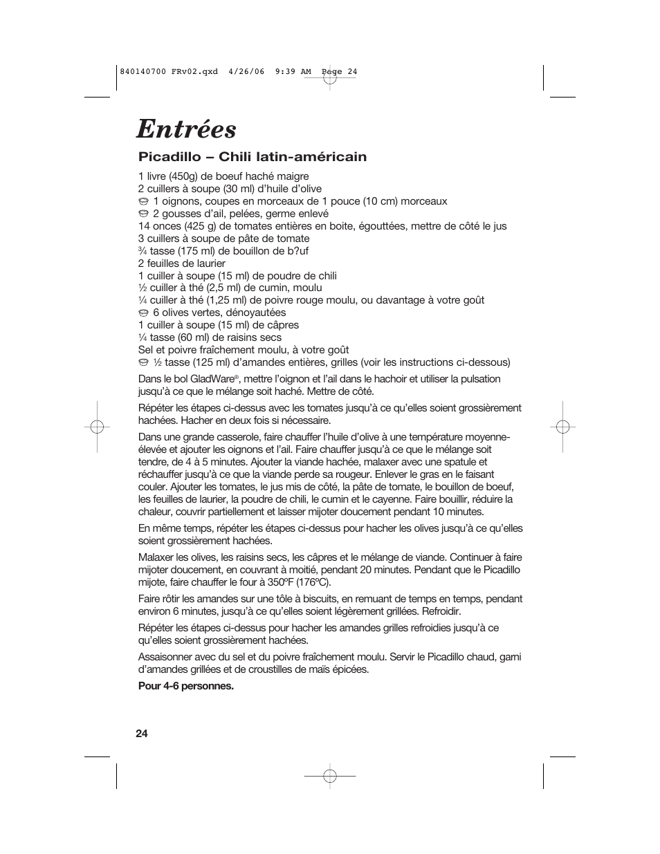 Entrées, Picadillo – chili latin-américain | Hamilton Beach change-a-bowl 72850 User Manual | Page 24 / 44