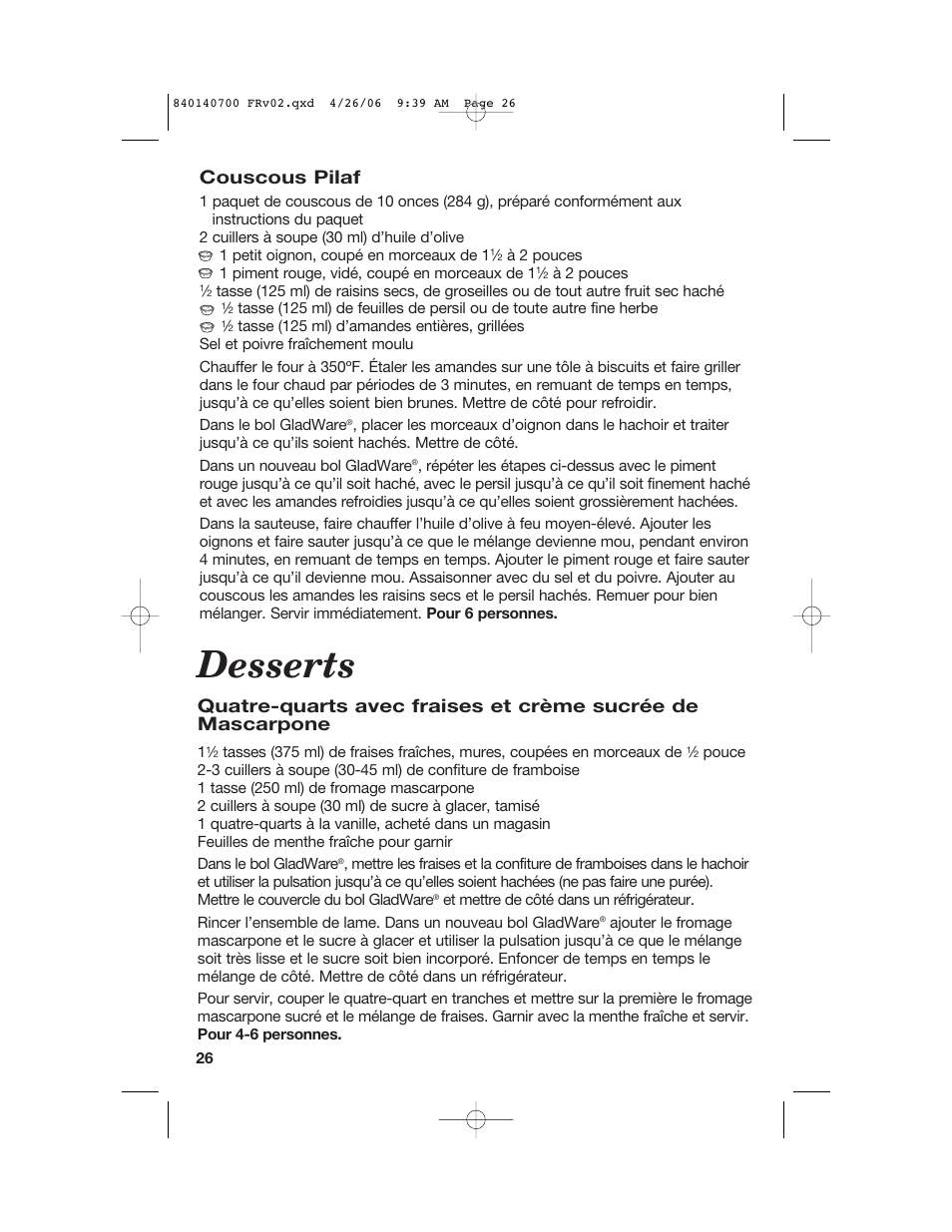 Desserts, Couscous pilaf | Hamilton Beach change-a-bowl 72850 User Manual | Page 26 / 44