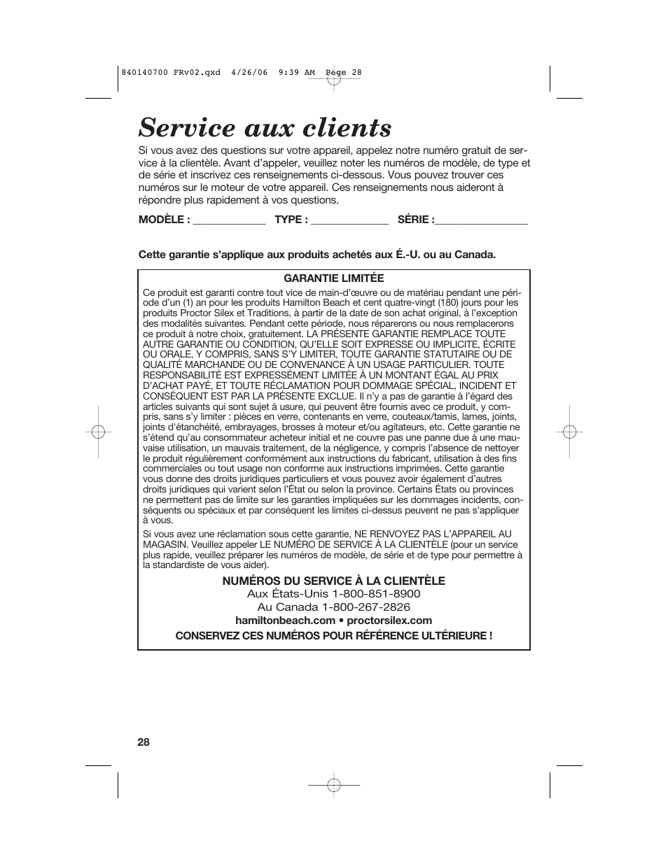 Service aux clients | Hamilton Beach change-a-bowl 72850 User Manual | Page 28 / 44