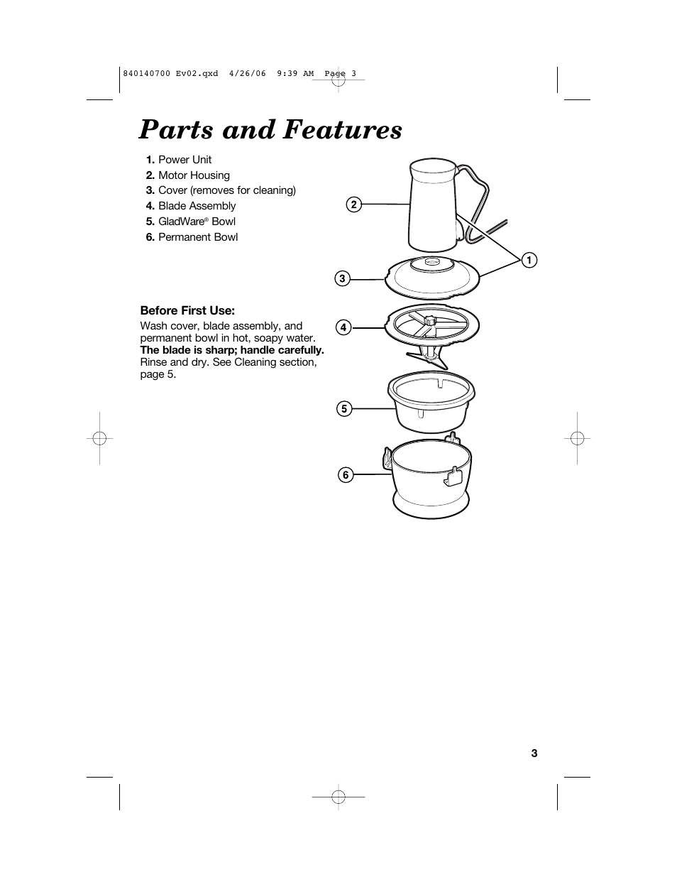 Parts and features | Hamilton Beach change-a-bowl 72850 User Manual | Page 3 / 44