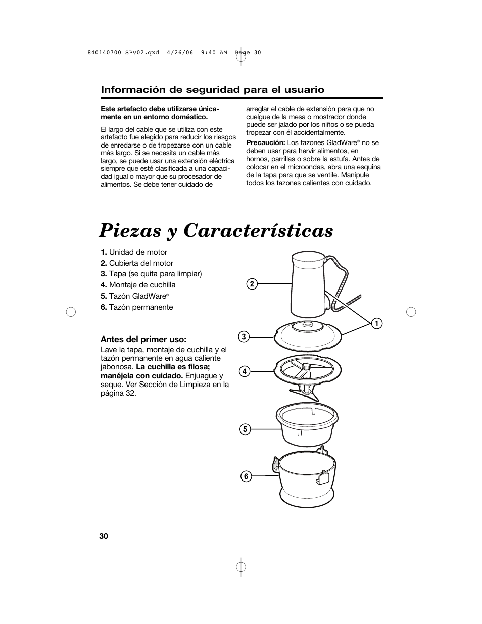 Piezas y características | Hamilton Beach change-a-bowl 72850 User Manual | Page 30 / 44