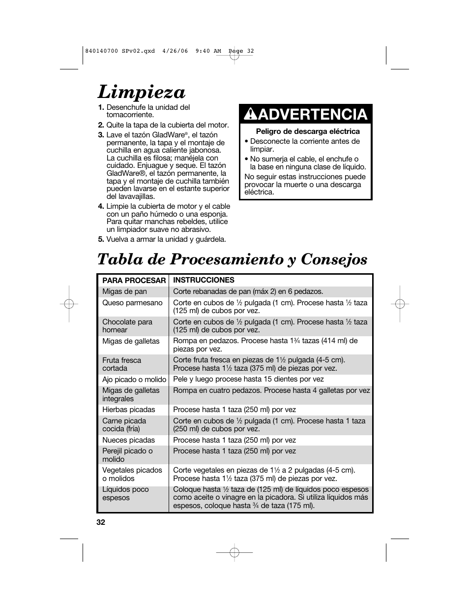 Limpieza, W advertencia, Tabla de procesamiento y consejos | Hamilton Beach change-a-bowl 72850 User Manual | Page 32 / 44