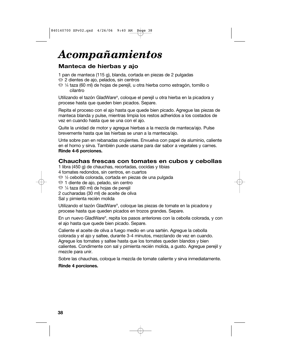 Acompañamientos, Manteca de hierbas y ajo, Chauchas frescas con tomates en cubos y cebollas | Hamilton Beach change-a-bowl 72850 User Manual | Page 38 / 44