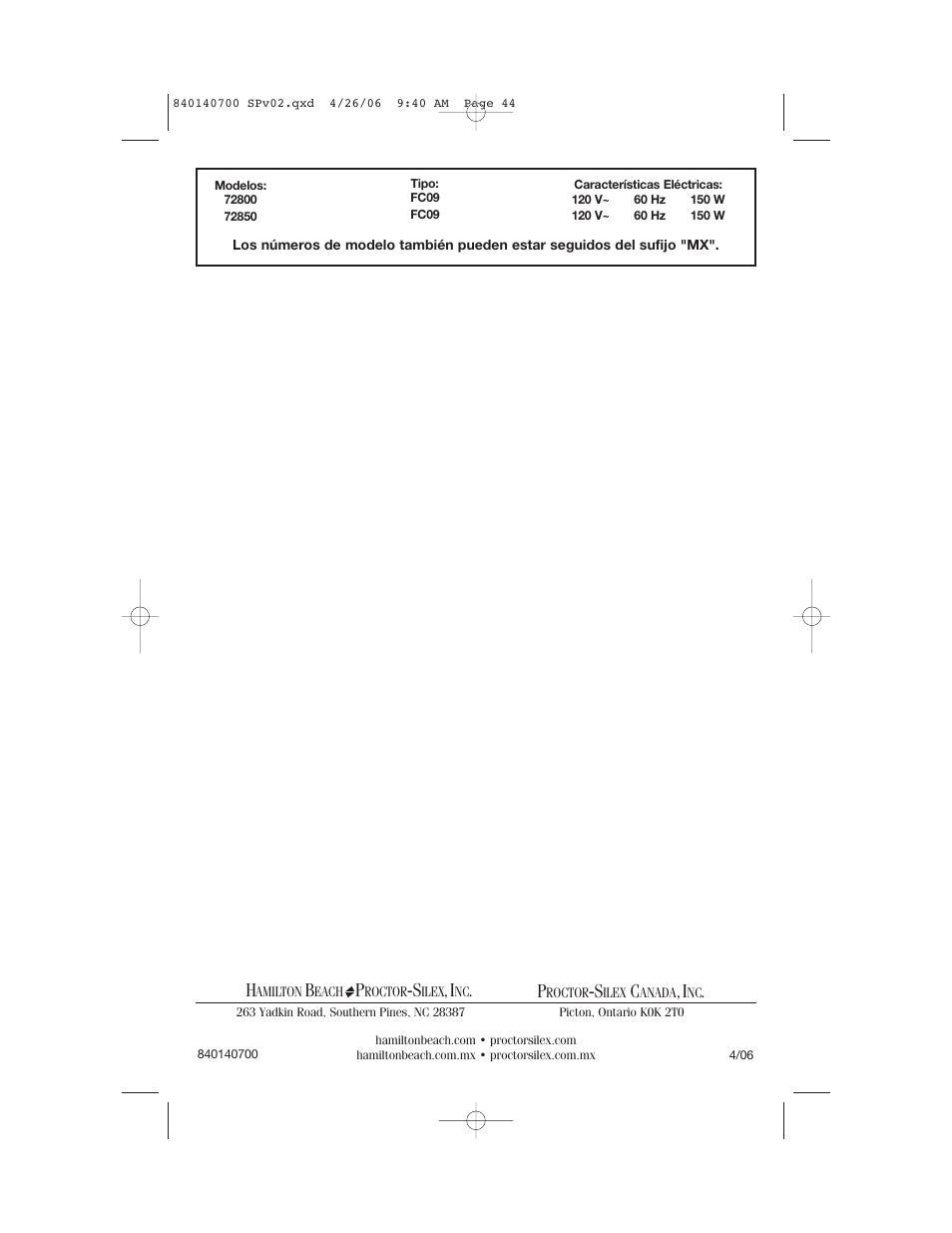 Hamilton Beach change-a-bowl 72850 User Manual | Page 44 / 44