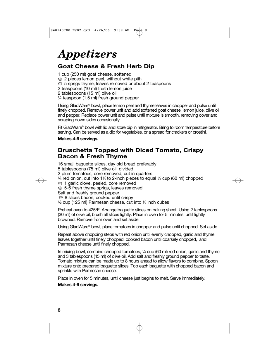 Appetizers, Goat cheese & fresh herb dip | Hamilton Beach change-a-bowl 72850 User Manual | Page 8 / 44