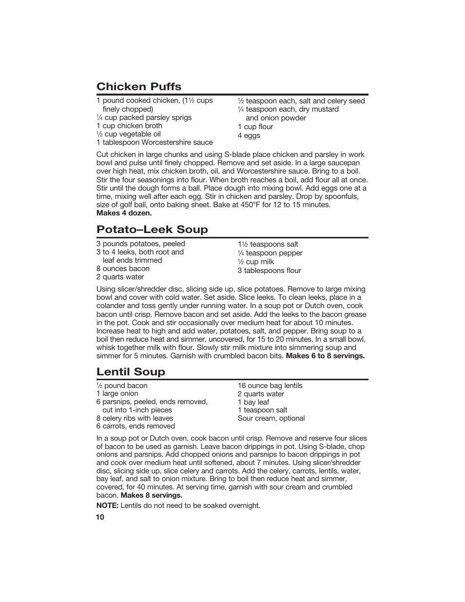 Chicken puffs, Potato–leek soup, Lentil soup | Hamilton Beach 840067300 User Manual | Page 10 / 17